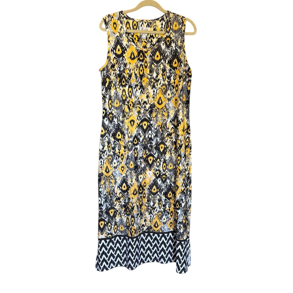 Denim & Co Yellow Black Geometric Ikat Midi Dress Side Slit Knit Petite LP - Picture 2 of 15